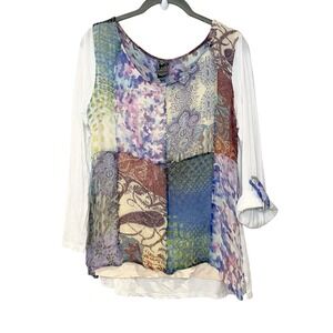 Casual Studio Artsy Boho Patchwork Top Paisley Mixed Media Tab Sleeve Rayon L